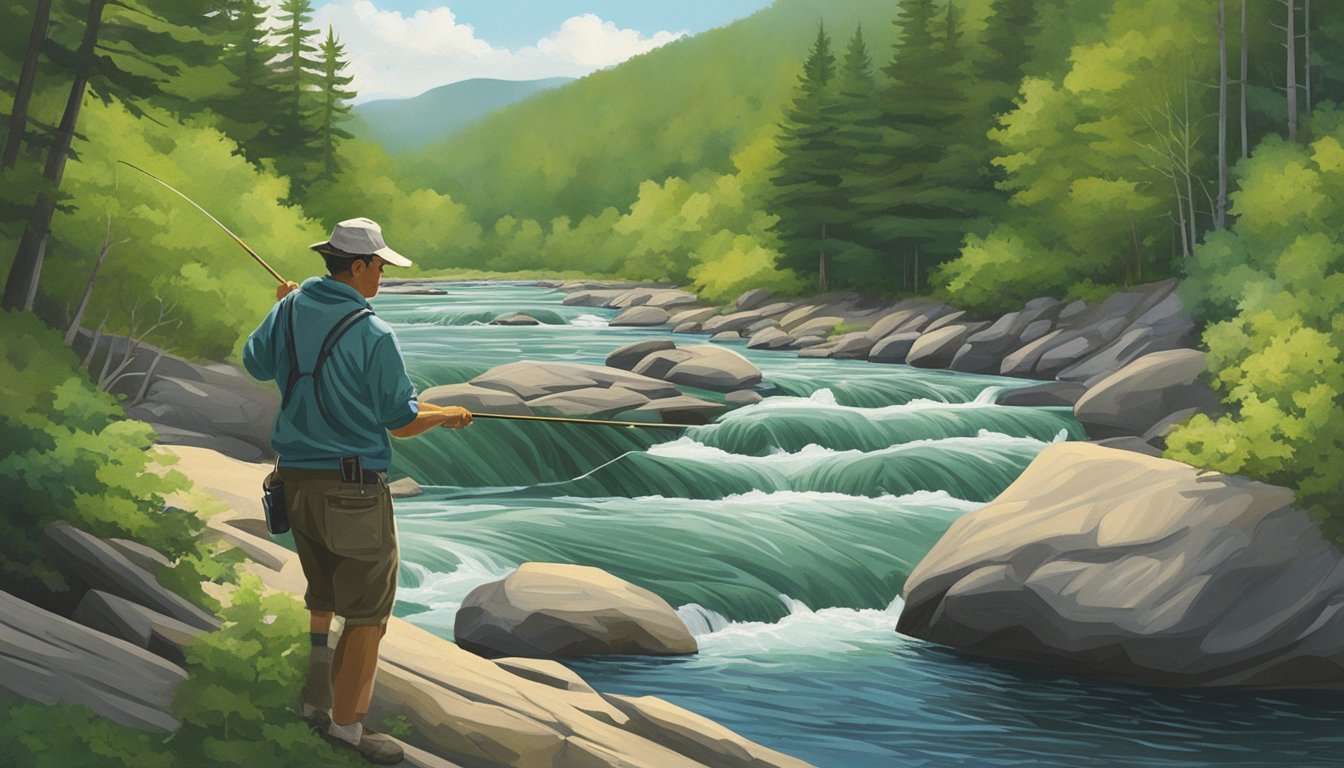 A lone figure casts a fly rod into a rushing river, surrounded by lush green trees and rocky terrain in New Hampshire