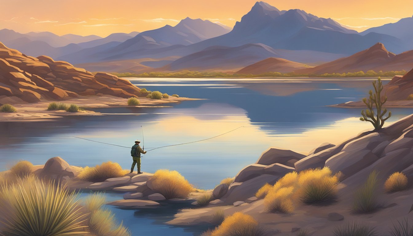 A lone fisherman casts a line into a tranquil lake surrounded by rugged desert terrain in Nevada. The setting sun casts a warm glow over the landscape