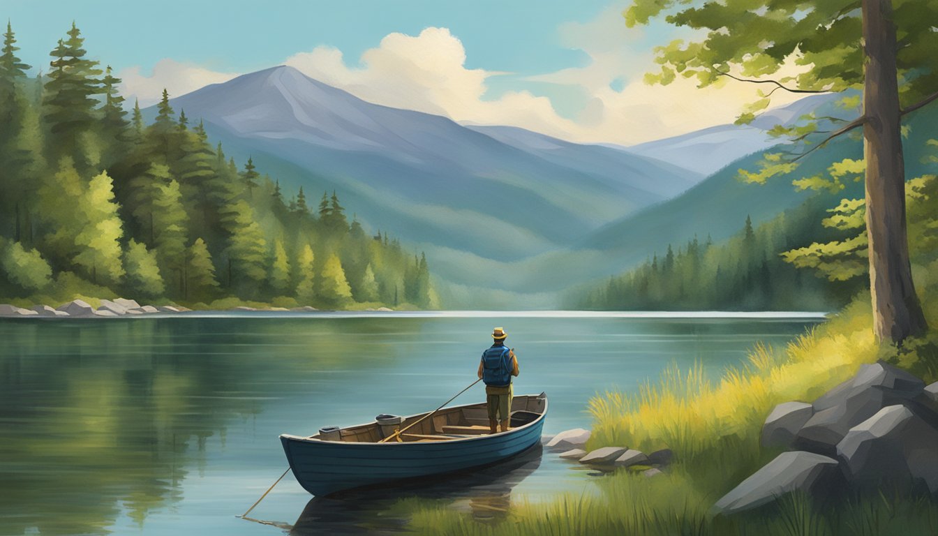 A serene lake in New Hampshire, surrounded by lush forests and mountains, with a fisherman in a small boat casting a line