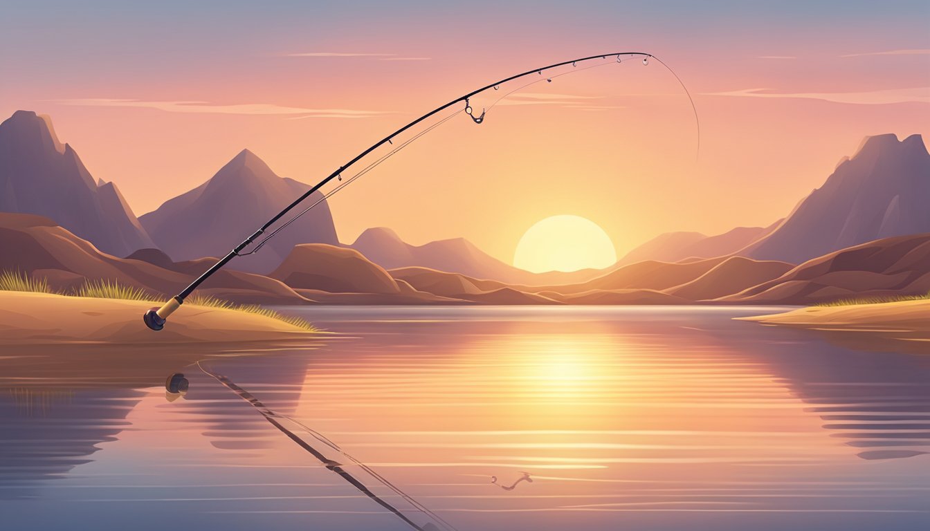 A lone fishing rod casts into a calm, desert lake at sunset. A line extends into the water, waiting for a bite