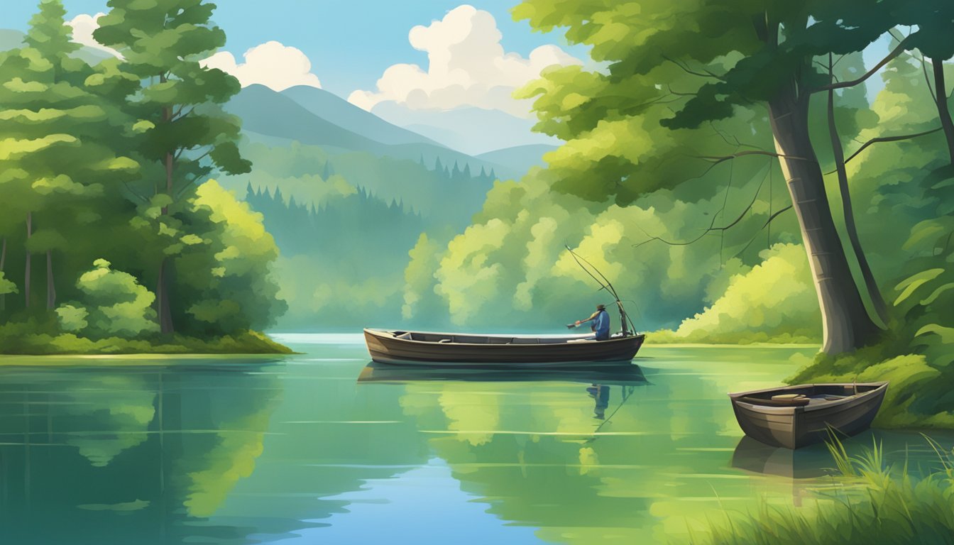 A serene lake surrounded by lush green trees, with a small boat and fishing gear on the shore