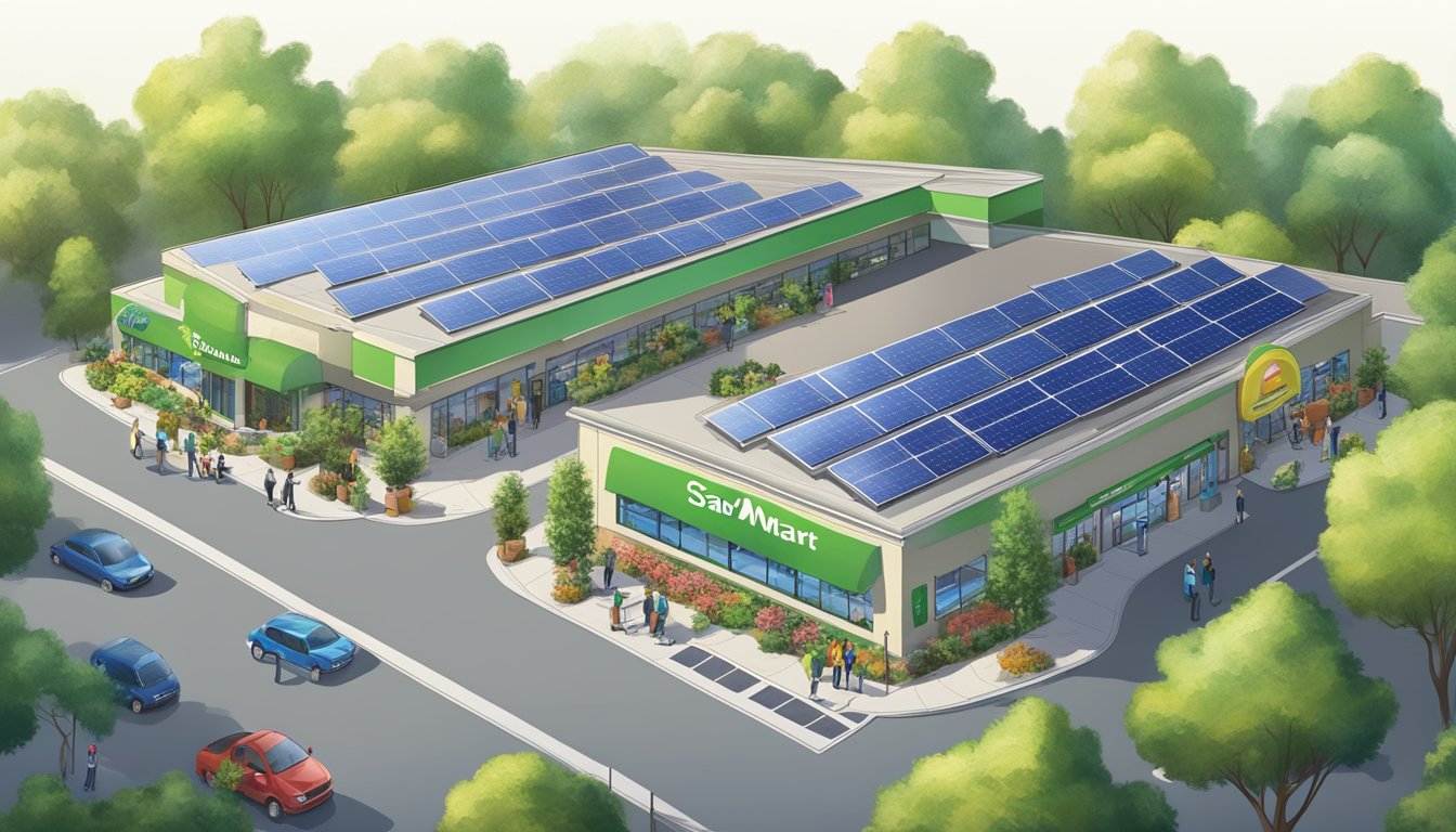 A Save Mart grocery store surrounded by lush greenery, solar panels on the roof, and employees participating in a community cleanup event