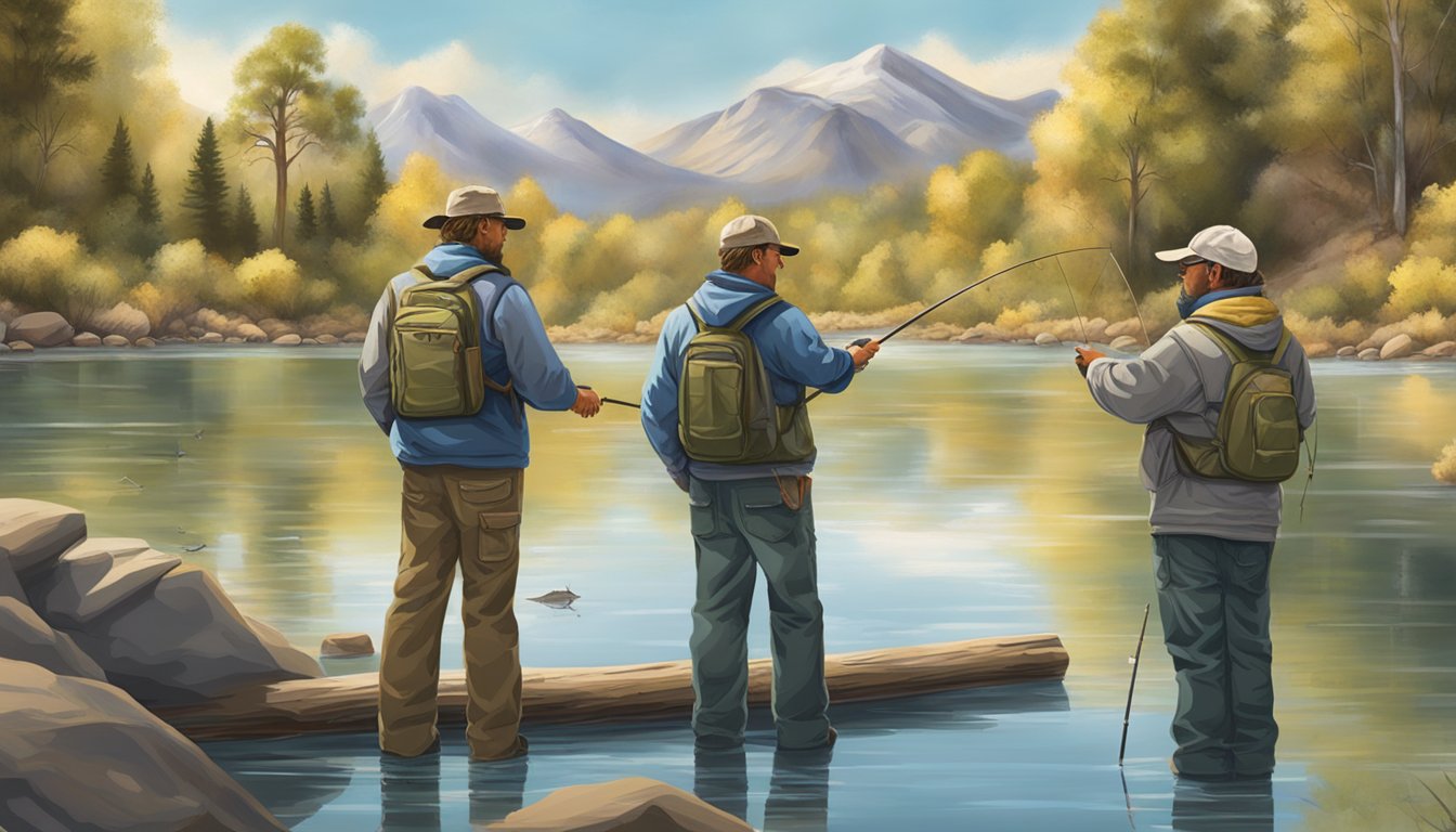 A group of anglers gather around a serene lake in Nevada, casting their lines into the water as they engage in a fishing event