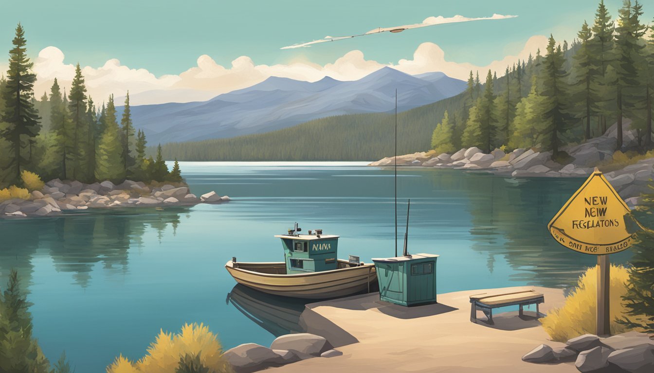 A serene lake surrounded by mountains, with a fishing boat and a sign displaying fishing regulations for New Mexico