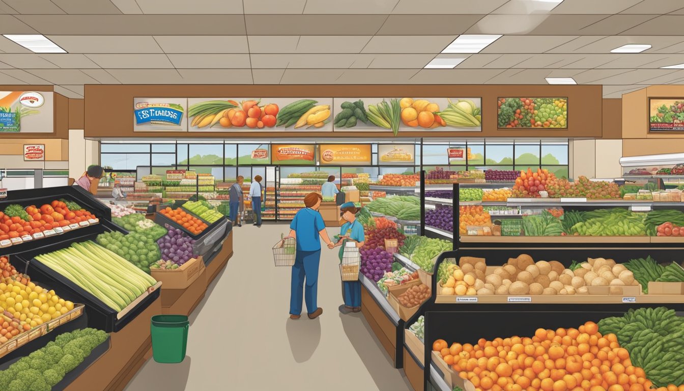 A bustling Stater Bros. market filled with fresh produce, friendly staff, and happy customers. Bright signage and neatly organized shelves create a welcoming atmosphere