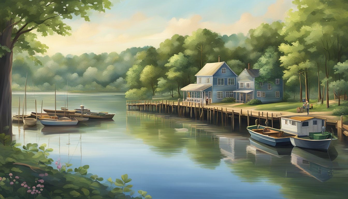 A serene riverbank with lush greenery, a wooden fishing pier, and a variety of fishing boats dotting the calm waters of a New Jersey river