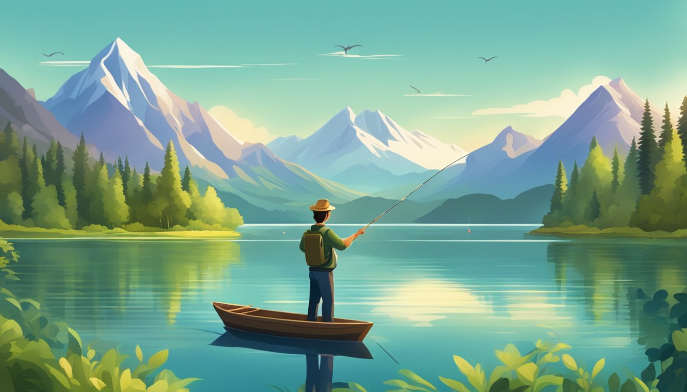 A serene lake with mountains in the background, surrounded by lush greenery and wildlife, with a person fishing responsibly and taking care of the environment