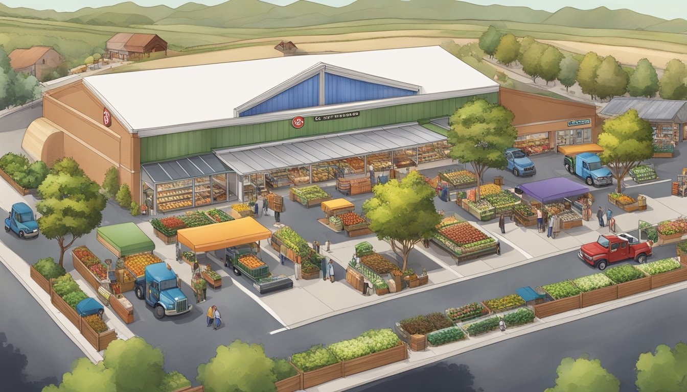 A bustling Stater Bros market surrounded by local farms and eco-friendly practices, showcasing a strong sense of community and sustainability