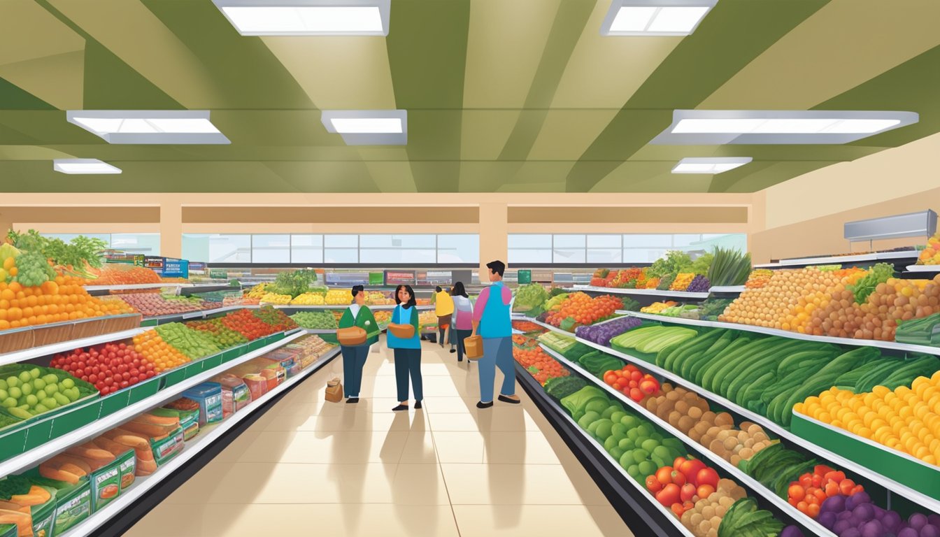 A bustling Stater Bros market with bright, organized aisles, fresh produce, and friendly staff assisting customers