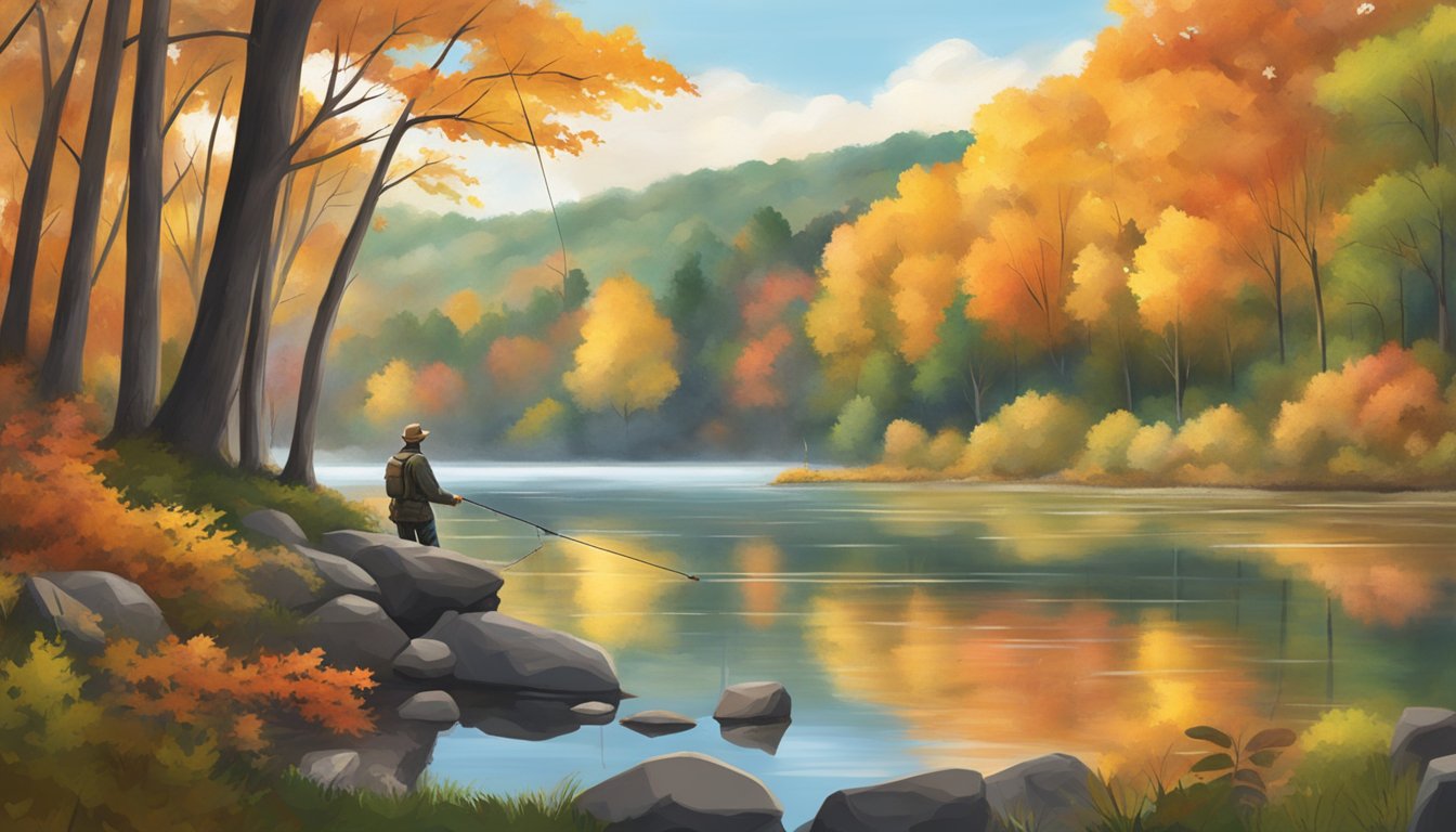 A serene lake in New Jersey, surrounded by vibrant foliage in autumn. A fisherman casts his line into the water, hoping to catch the perfect fish