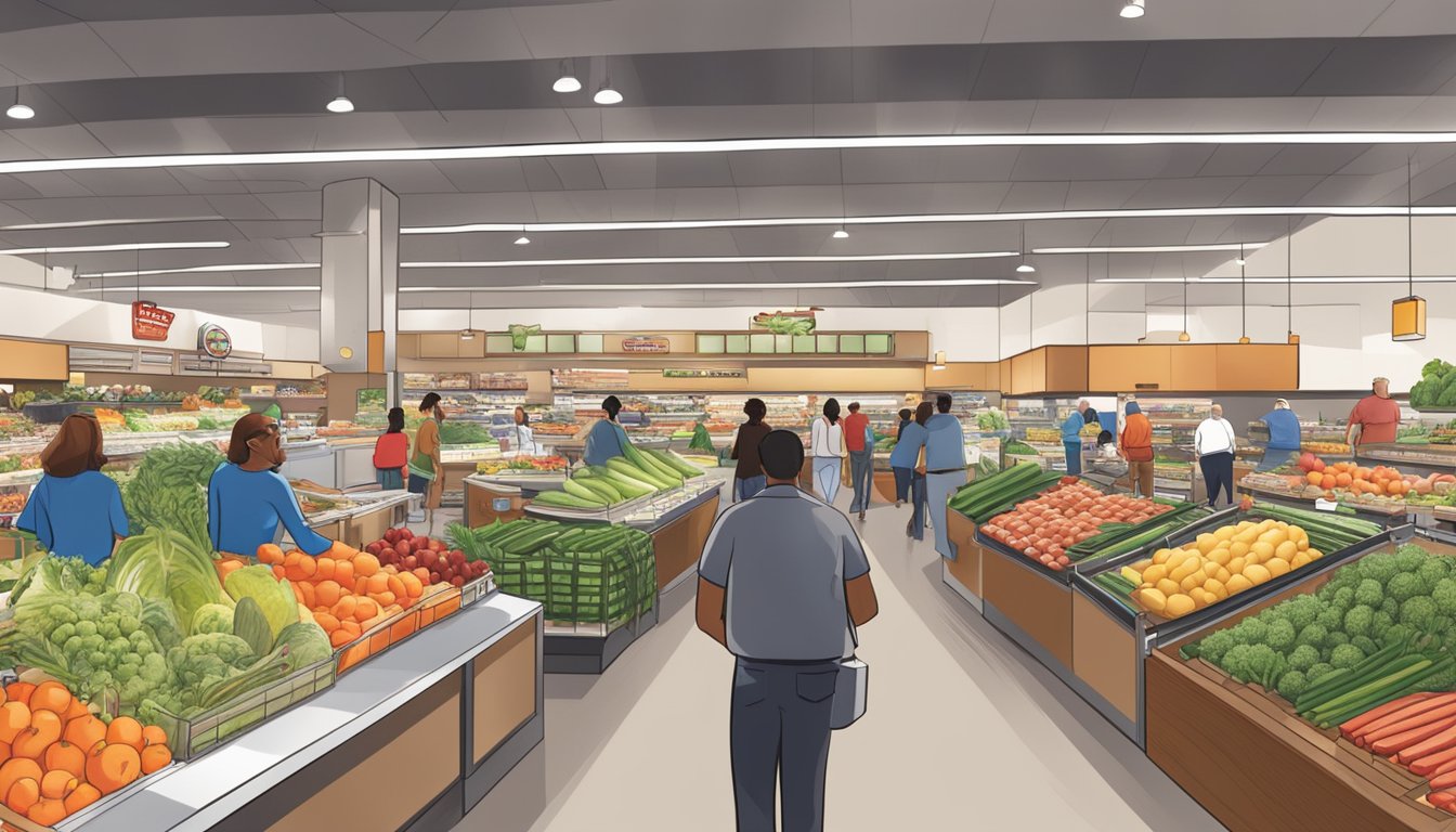 A bustling Stater Bros market with modern architecture and a diverse array of fresh produce, meats, and packaged goods. Customers happily browse the aisles while employees restock shelves