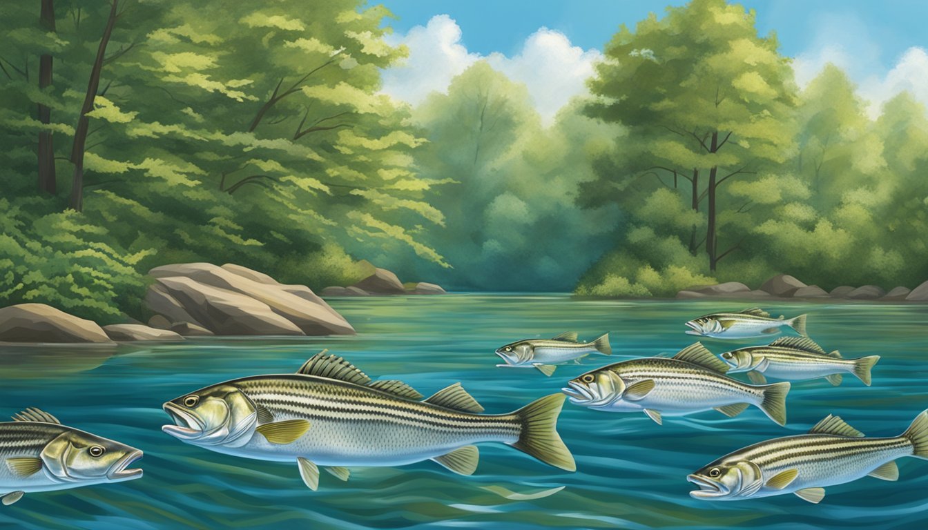 A school of striped bass swimming in the clear waters of a North Carolina river, surrounded by lush green trees and a bright blue sky