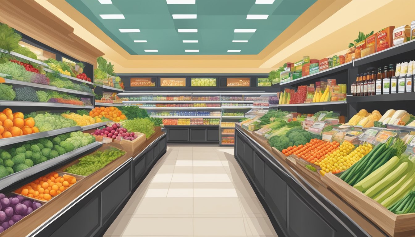 A colorful display of fresh produce, neatly arranged shelves of high-quality products, and a well-stocked deli section at Hannaford grocery store