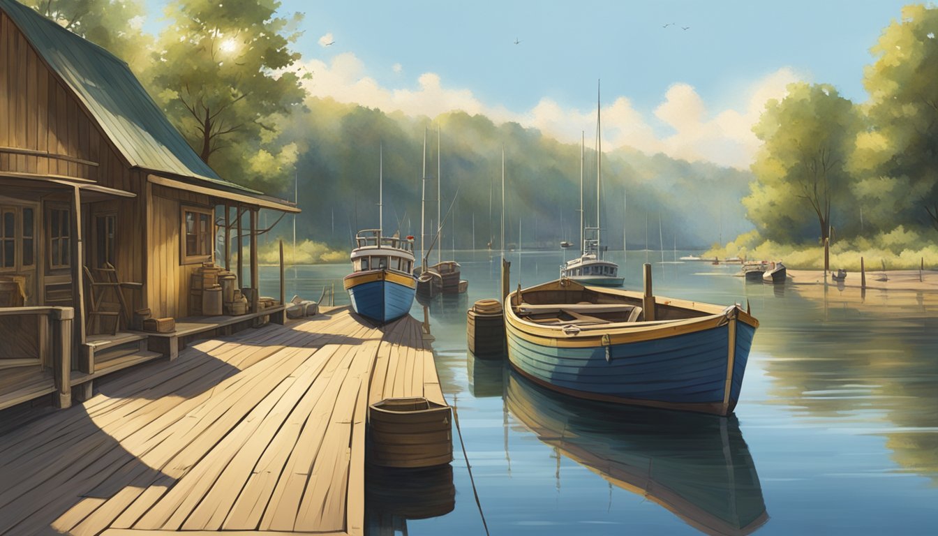 A wooden dock juts out into a calm, sunlit river, with fishing boats moored nearby and a tackle shop in the background