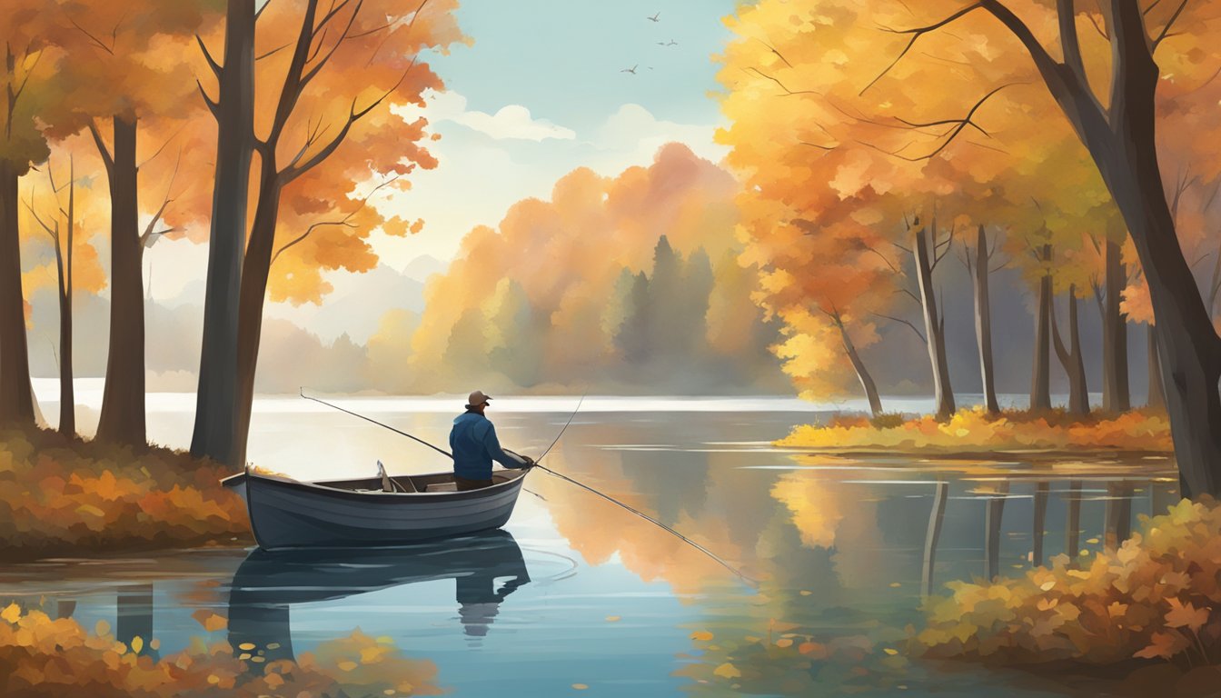 A serene lake surrounded by autumn foliage, with a lone fishing boat and a fisherman casting their line into the water