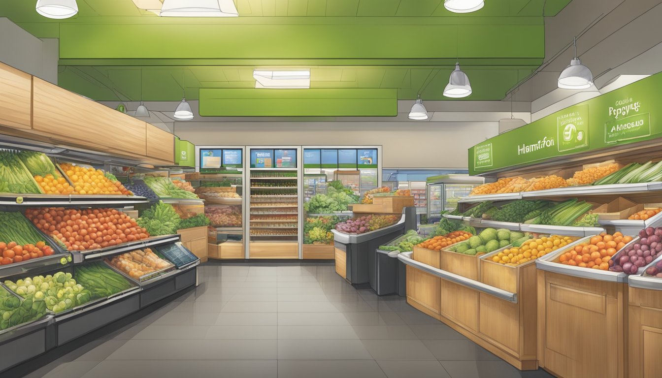 A bustling Hannaford store with eco-friendly packaging, organic produce, and fair trade products on display. Recycling bins and energy-efficient lighting