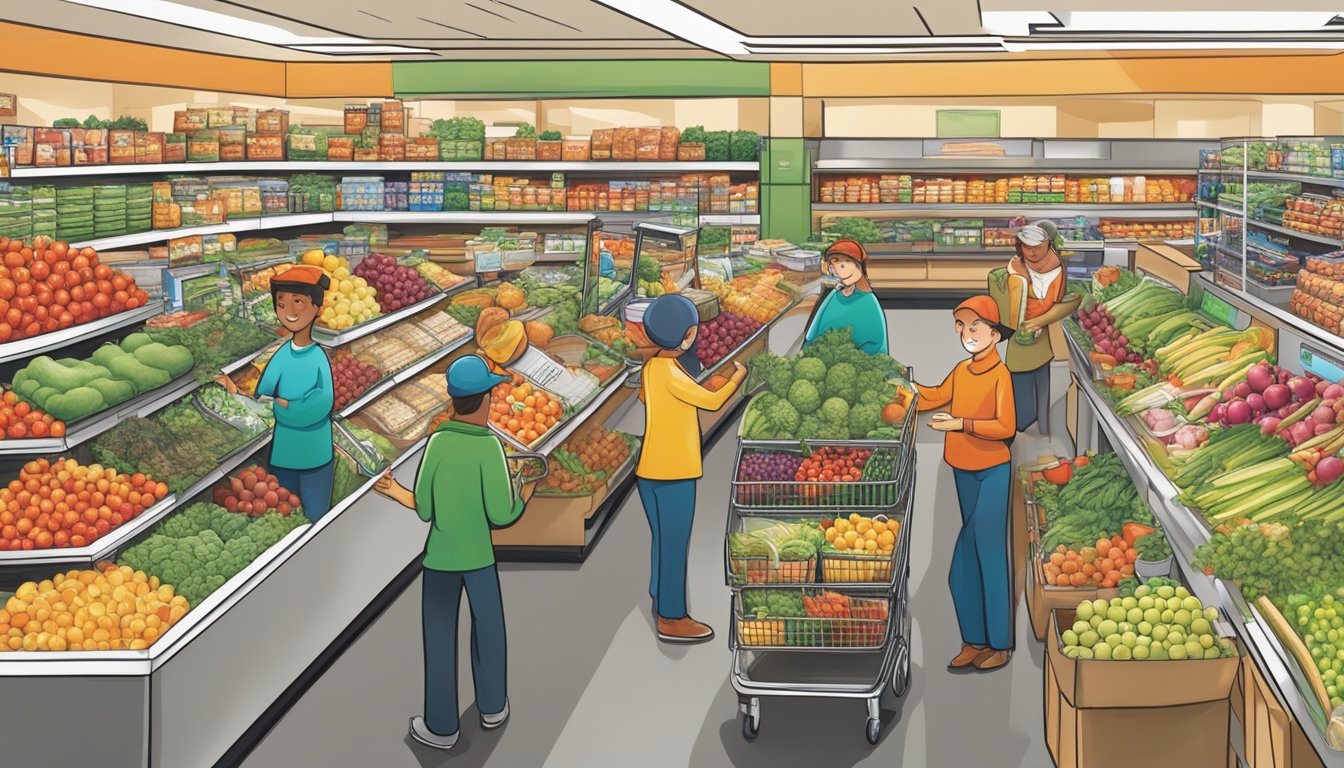 A bustling Hannaford grocery store with bright, organized aisles, fresh produce, and friendly staff assisting customers