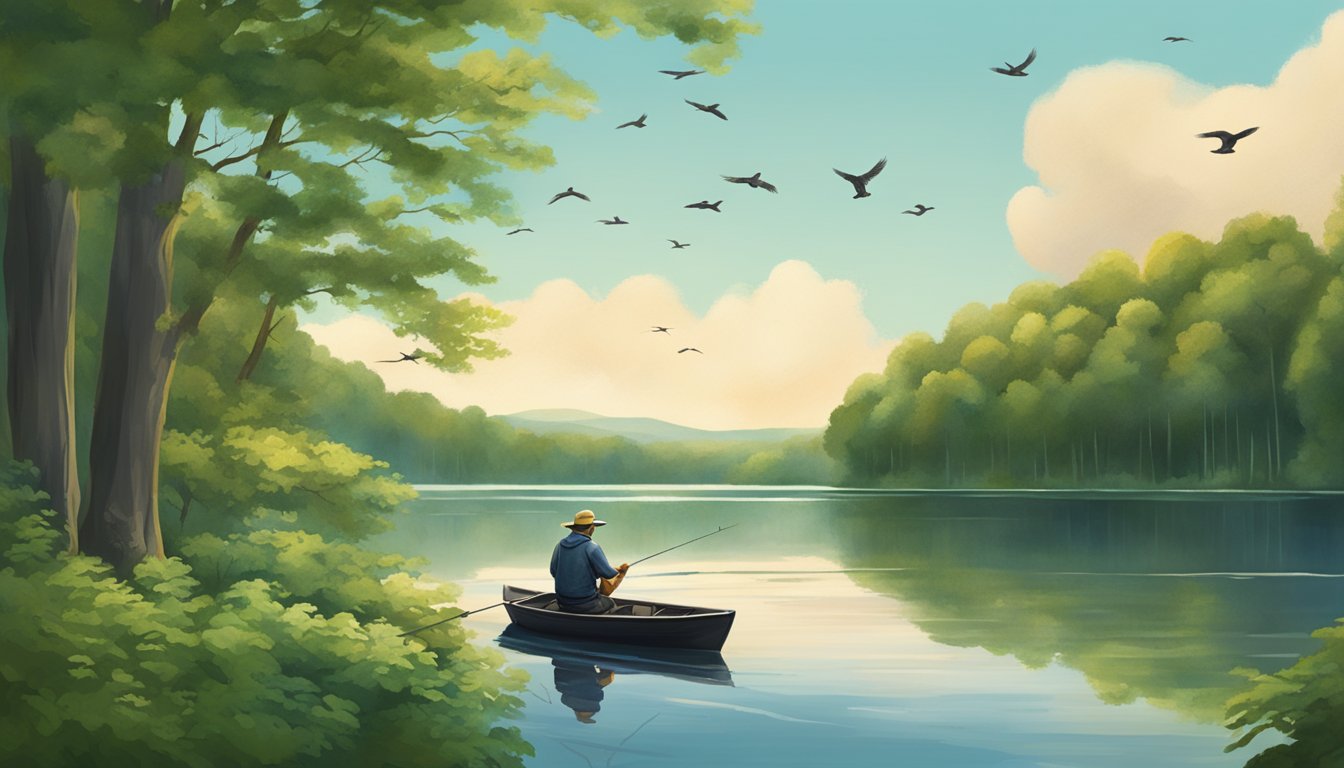 A serene lake in New York, surrounded by lush green forests. A fisherman casts a line from a small boat, while birds soar overhead