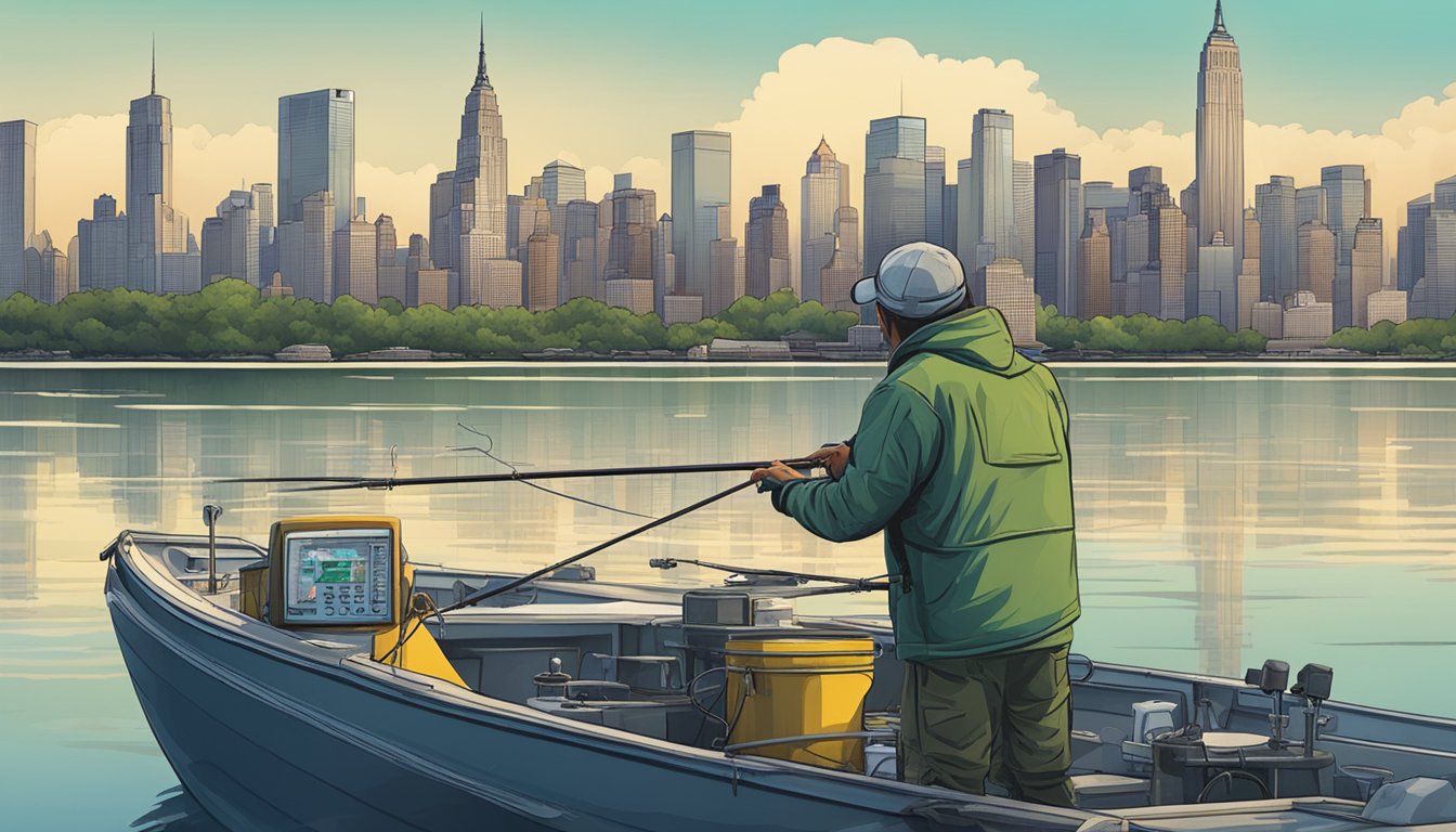 A fisherman uses a high-tech sonar device on a boat in a New York lake, with the city skyline in the background