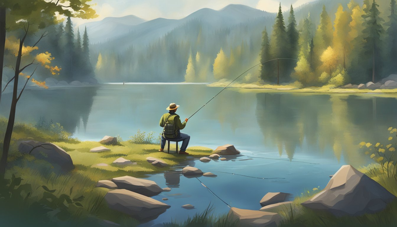 A person casting a line into a calm lake, surrounded by trees and with fishing gear scattered around