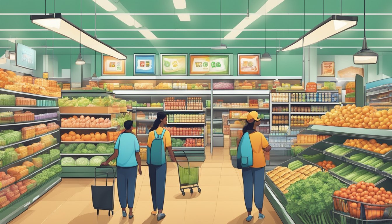 A busy grocery store filled with diverse products and friendly staff, with prominent signs showcasing competitive pricing and quality value propositions