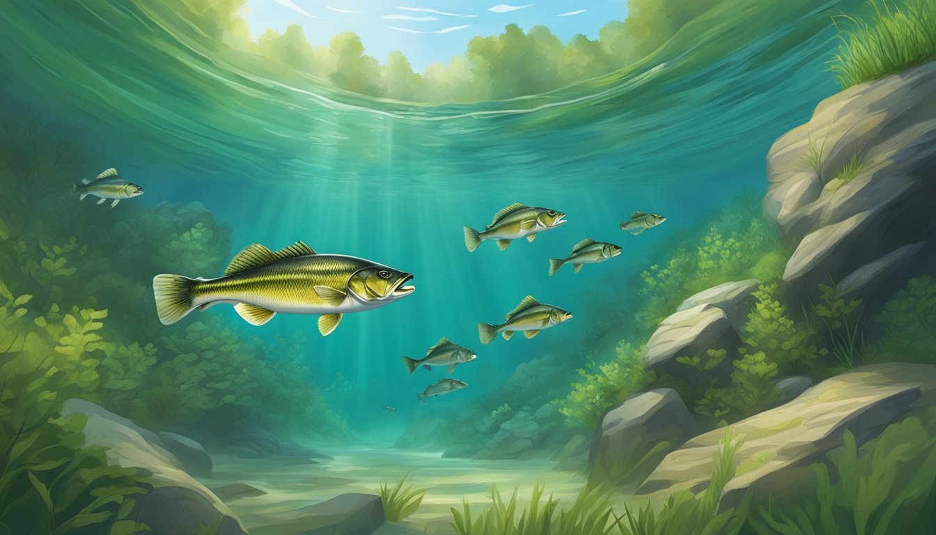 A school of walleye swims in the clear waters of a North Dakota lake, surrounded by lush green vegetation and rocky outcrops