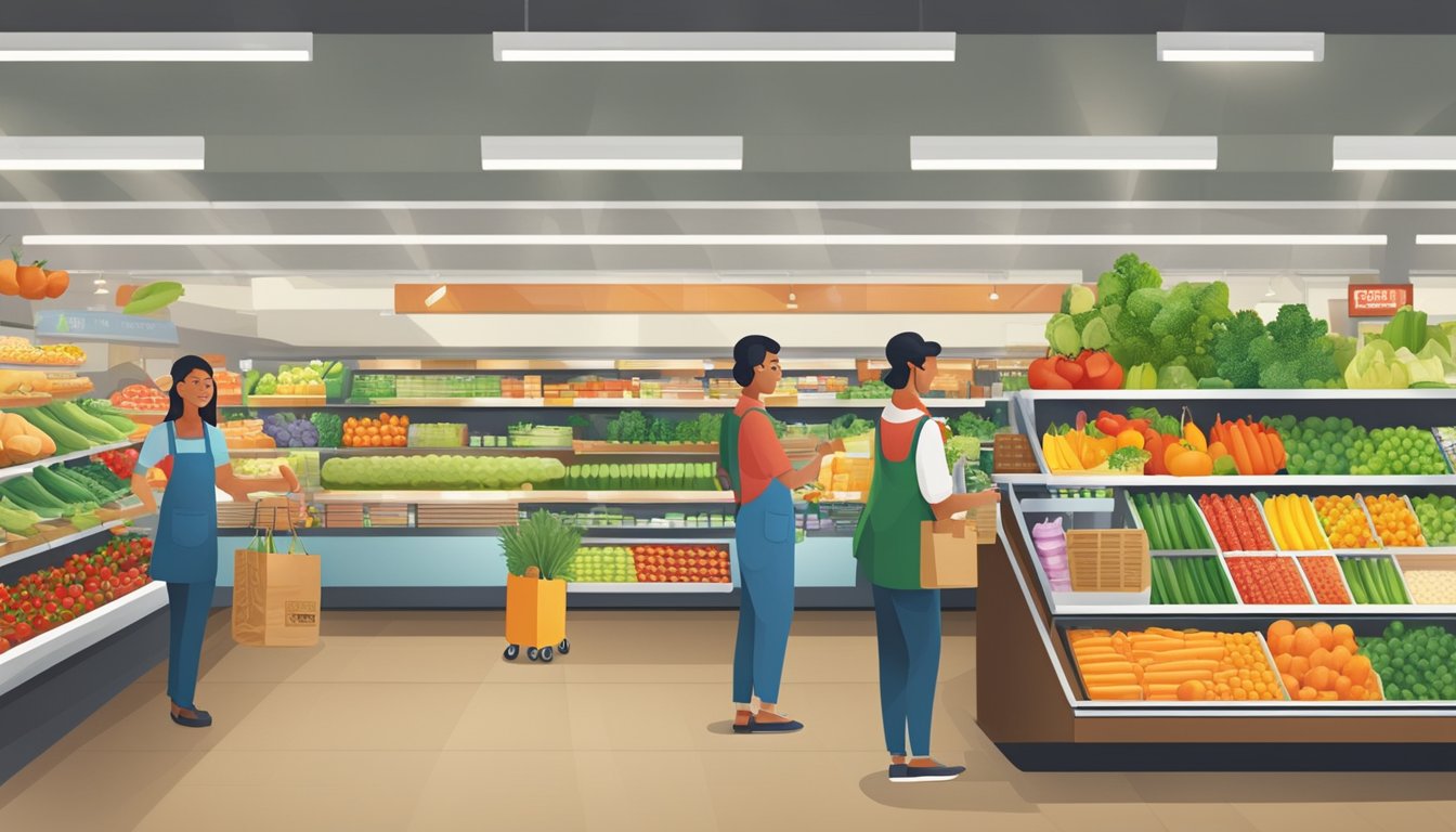 A bustling grocery store with bright signage, friendly staff, and a wide variety of fresh produce and products. Customers engage with knowledgeable employees and enjoy a seamless shopping experience