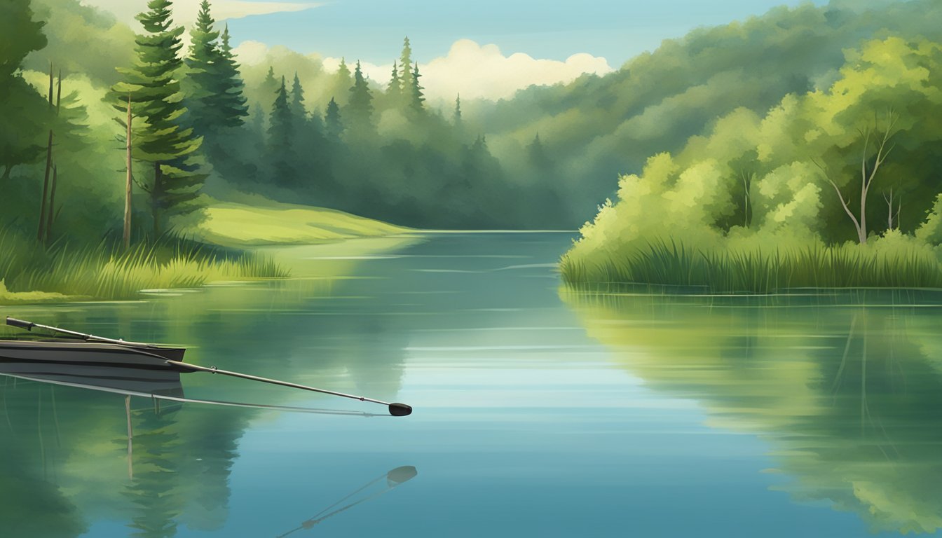 A serene lake surrounded by lush greenery, with a fishing rod casting into the calm waters of North Dakota