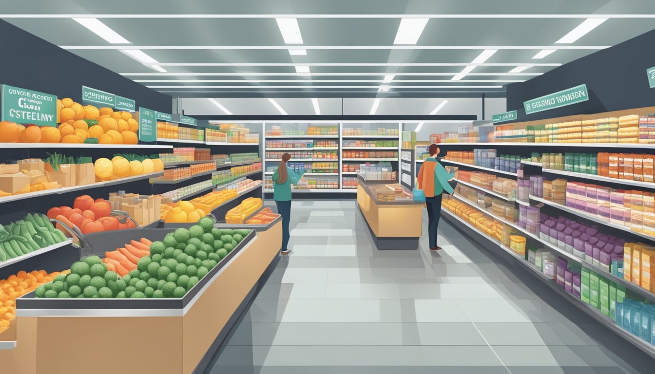 A bustling grocery store with clean, organized aisles and bright signage showcasing a wide variety of products. Customers move efficiently through the store, and employees work diligently to restock shelves and assist shoppers