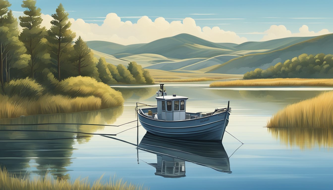 A fishing boat drifts on a calm lake in North Dakota, surrounded by rolling hills and a clear blue sky