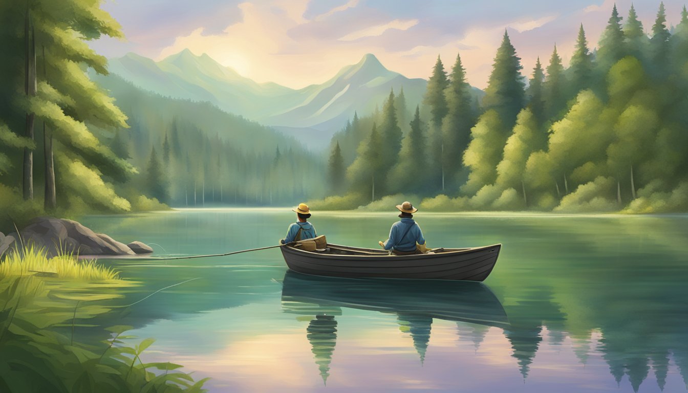 A serene lake surrounded by lush forests, with a fishing boat and a fisherman casting his line into the water