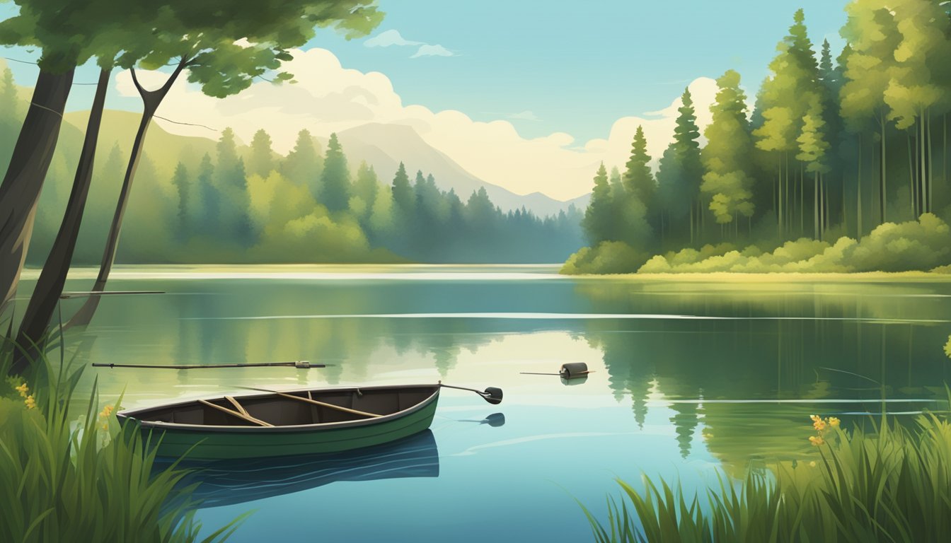 A serene lake surrounded by lush green forests, with a fishing rod and tackle box on the shore, and a small boat floating on the calm water