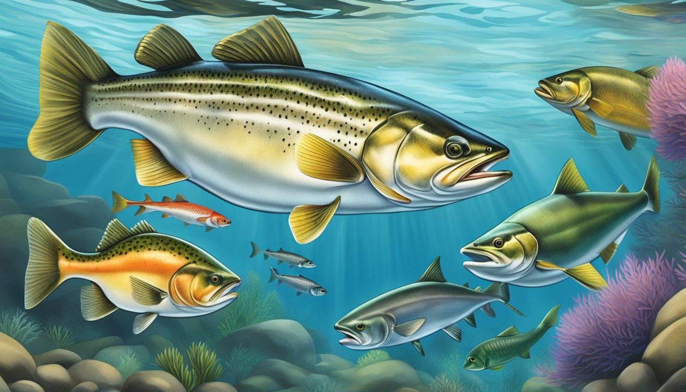 Various species of fish swim in the clear waters of Oregon's rivers and lakes, including rainbow trout, steelhead, and Chinook salmon