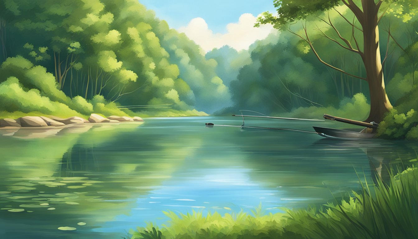 A serene riverbank with a fishing rod, surrounded by lush green trees and a clear blue sky