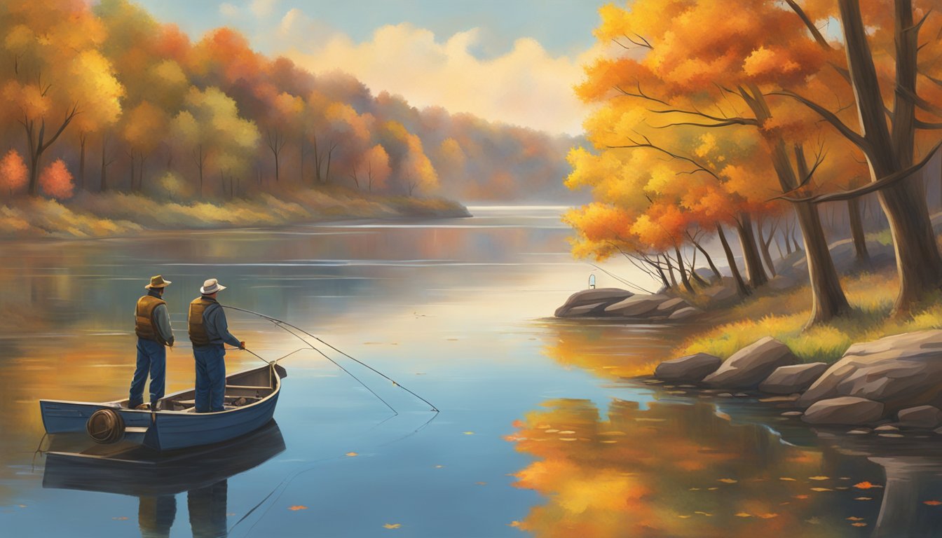 Fishermen casting lines into a serene Oklahoma lake, surrounded by the vibrant colors of autumn foliage