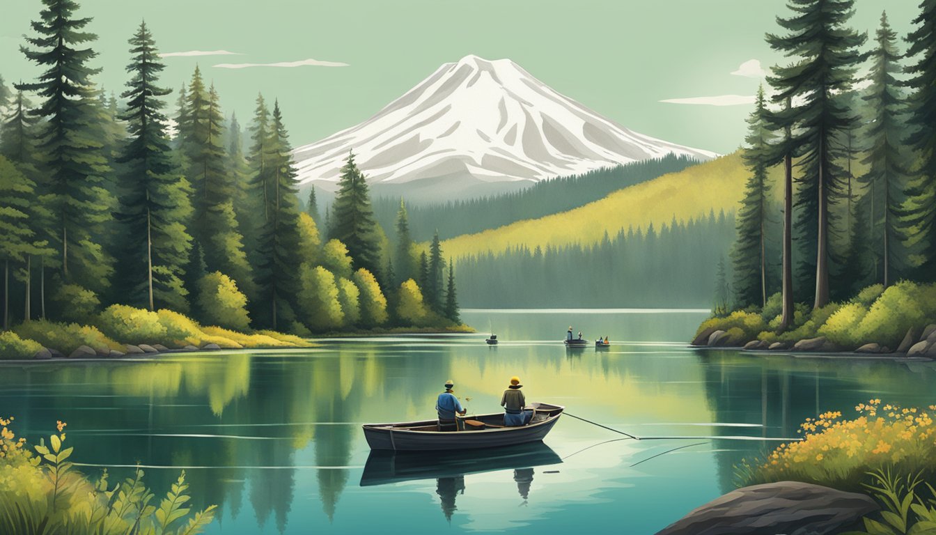 A serene lake surrounded by lush forests, with a fishing boat and a group of people engaged in conservation and management activities in Oregon