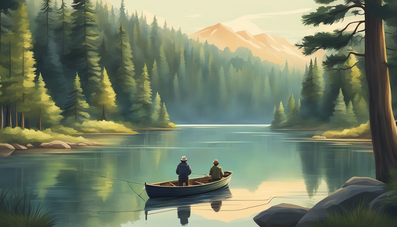 A serene lake surrounded by lush pine trees, with a fishing boat floating on the calm water and a fisherman casting his line