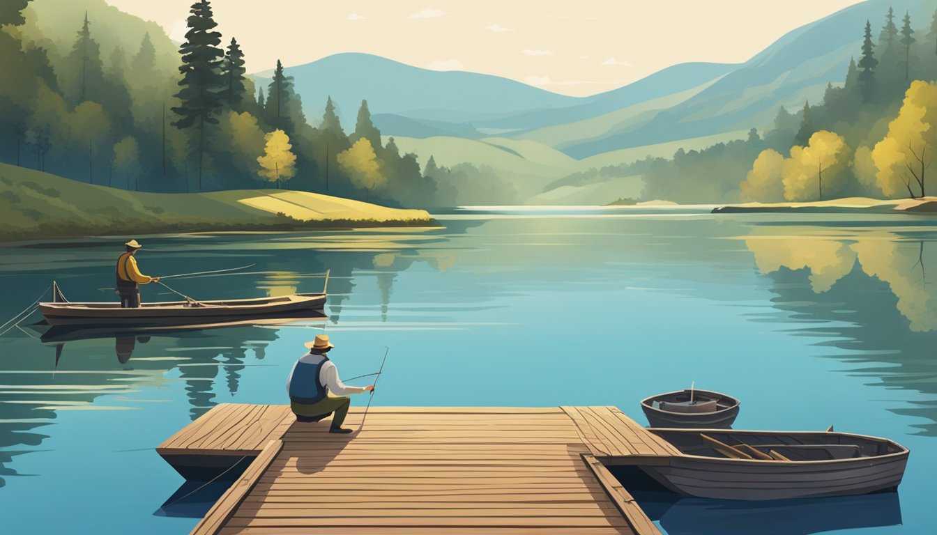 A serene lake with a rustic wooden pier, surrounded by rolling hills and a clear blue sky. A lone fishing boat bobs on the water, and a fisherman casts their line