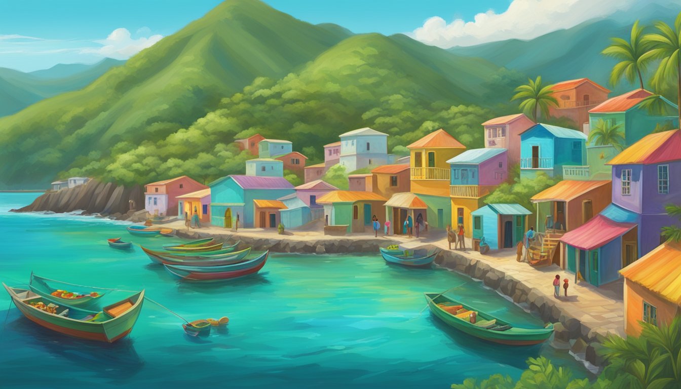 A colorful fishing village nestled along the coast of Puerto Rico, with traditional wooden boats bobbing in the turquoise waters and fishermen casting their nets against a backdrop of lush green mountains