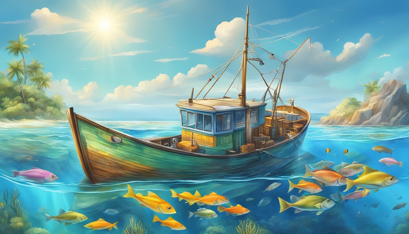 A colorful fishing boat surrounded by clear blue waters, with a variety of fish visible beneath the surface