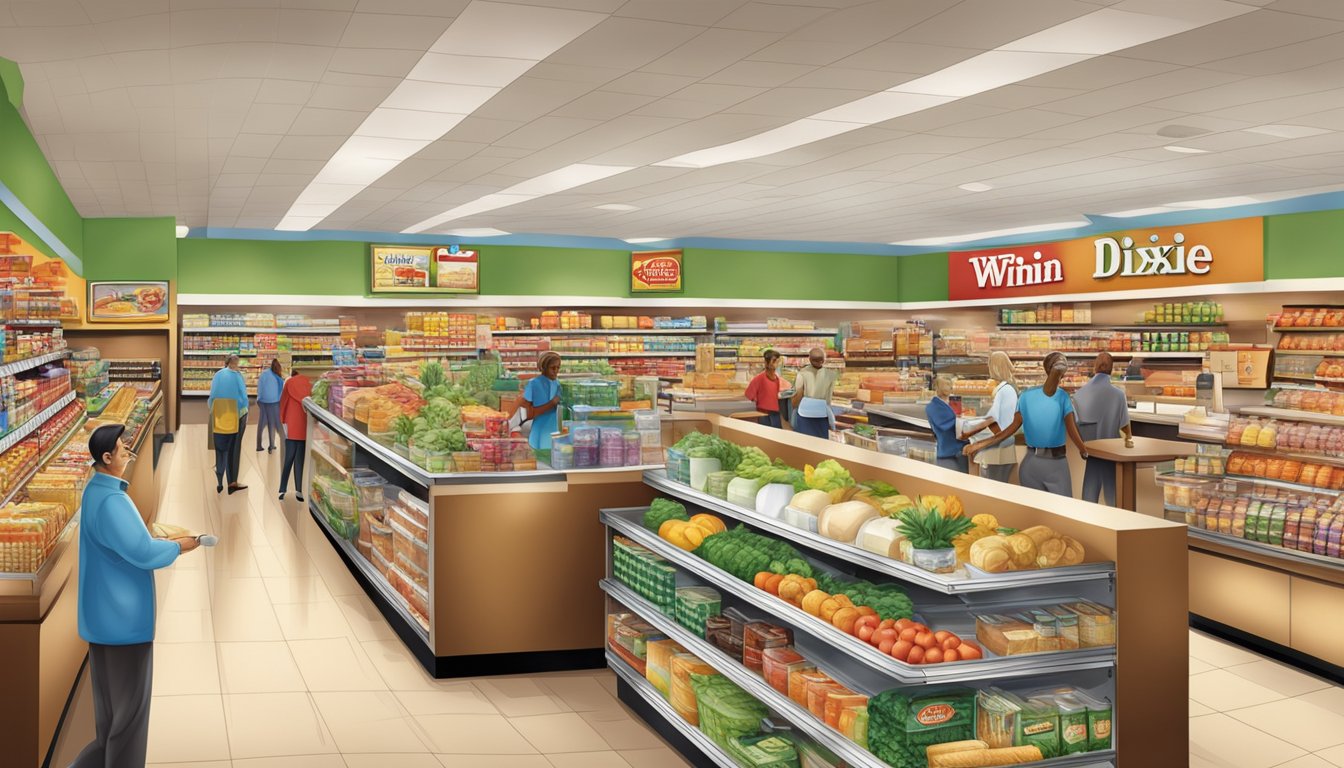 A bustling Winn Dixie grocery store with a wide variety of products and friendly staff, serving a diverse community