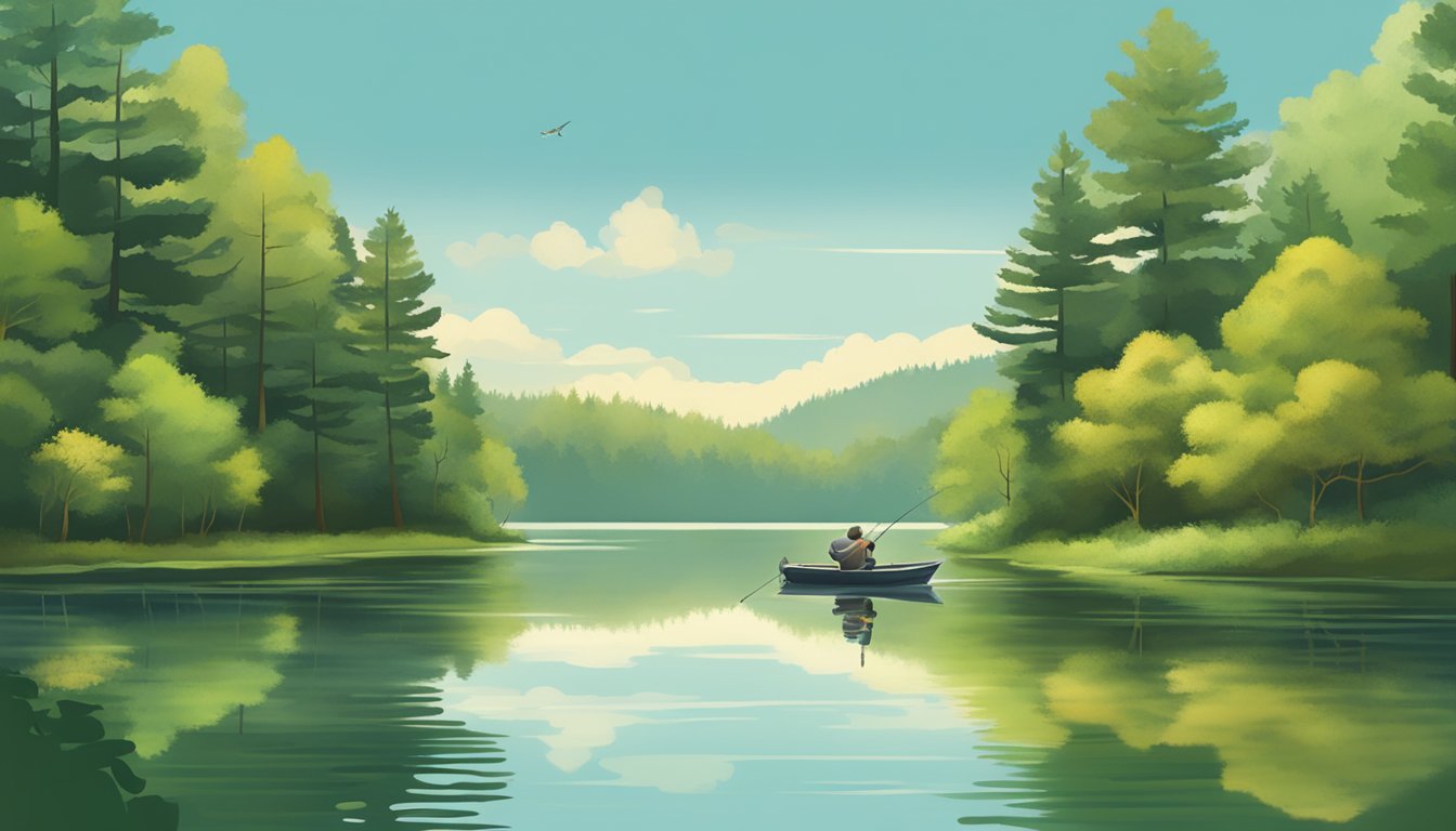 A serene lake surrounded by lush green trees, with a fishing rod and bobber floating on the calm water, waiting for a bite from popular Pennsylvania fish species