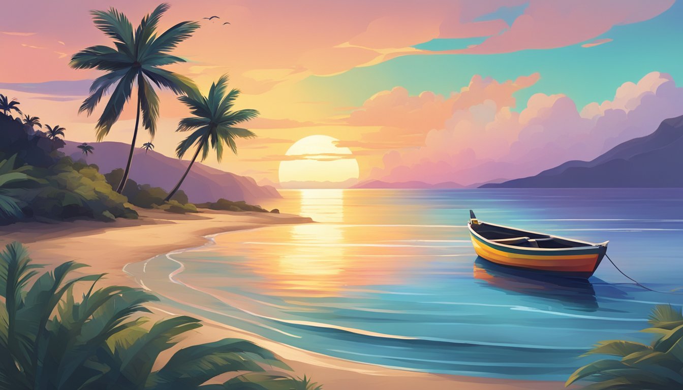 A serene beach at sunset with palm trees, a colorful fishing boat, and calm ocean waters, perfect for planning a fishing trip in Puerto Rico