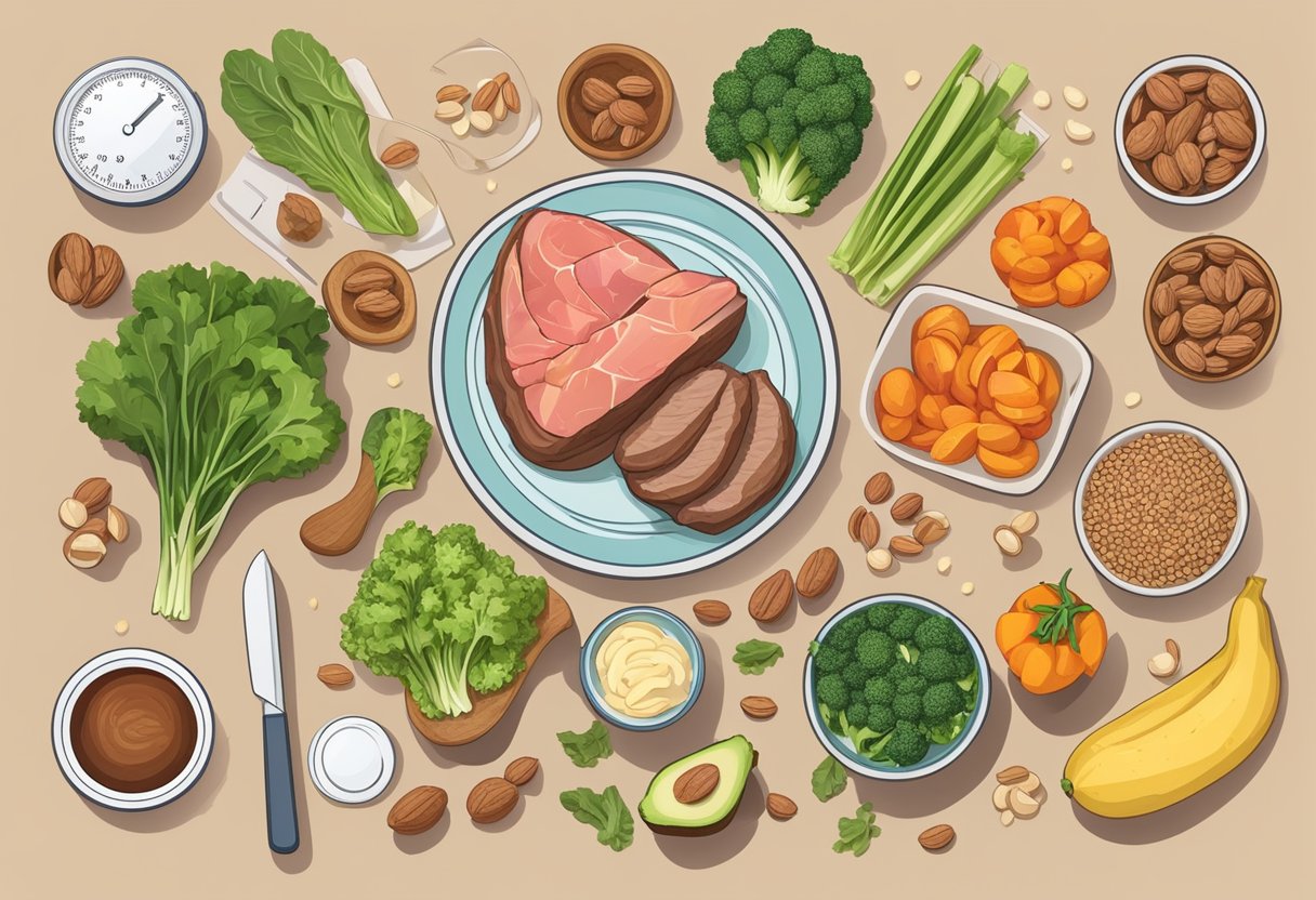 A table with a variety of keto-friendly foods, including vegetables, meats, and nuts, surrounded by measuring cups and a food scale  Is Counting Carbs Or Calories Better On Keto