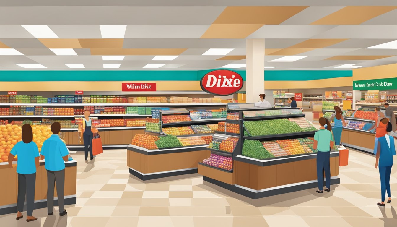 A bustling Winn Dixie store with bright aisles, friendly staff, and satisfied customers enjoying a seamless shopping experience