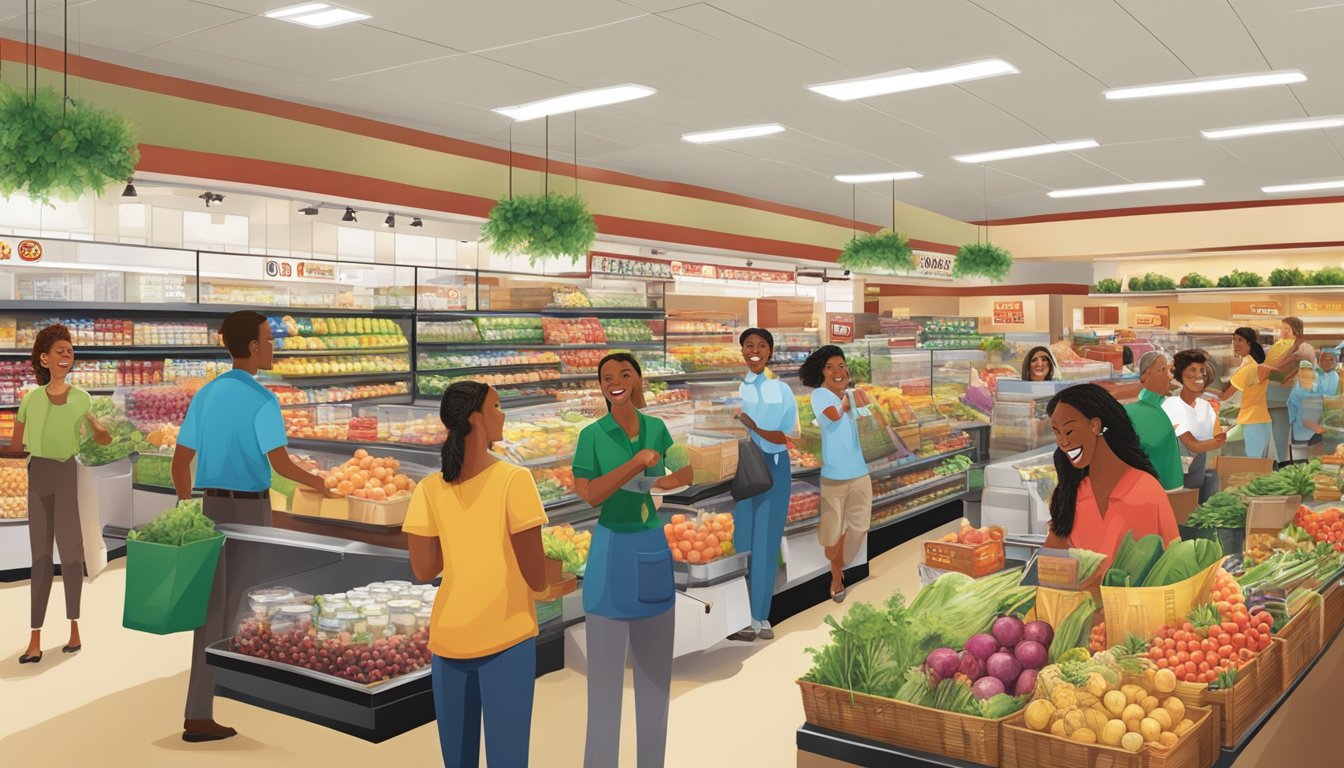 A bustling Winn Dixie store with eco-friendly practices, community events, and diverse, happy customers