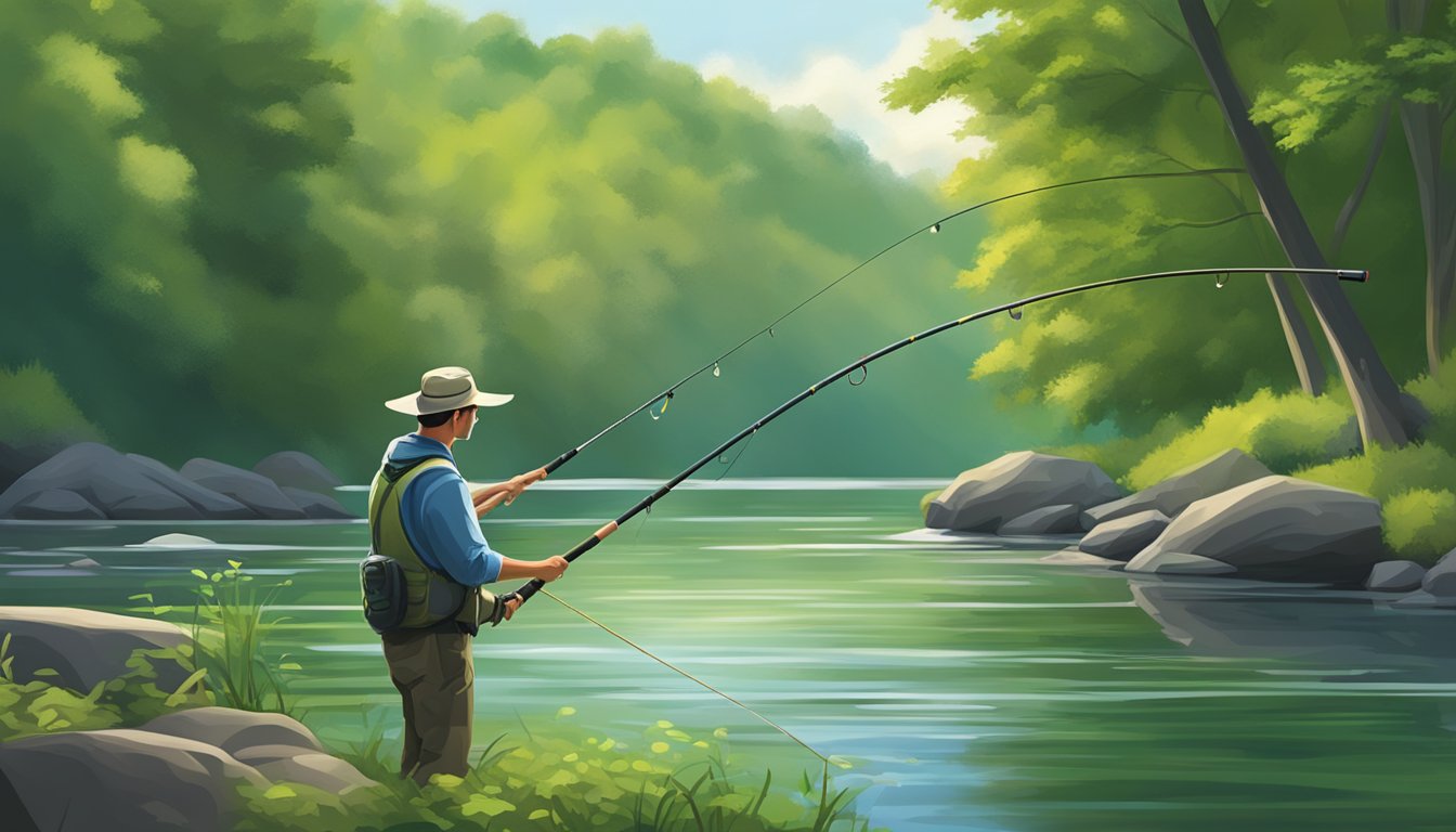 A fishing rod with a baited hook is cast into a calm Pennsylvania river, surrounded by lush green trees and the sound of flowing water