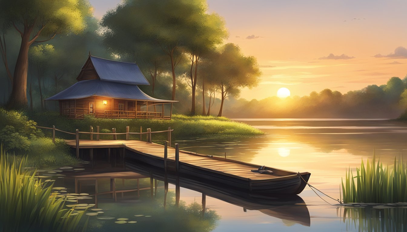 A serene river with a wooden dock, surrounded by lush greenery and a traditional fishing boat, as the sun sets over the horizon