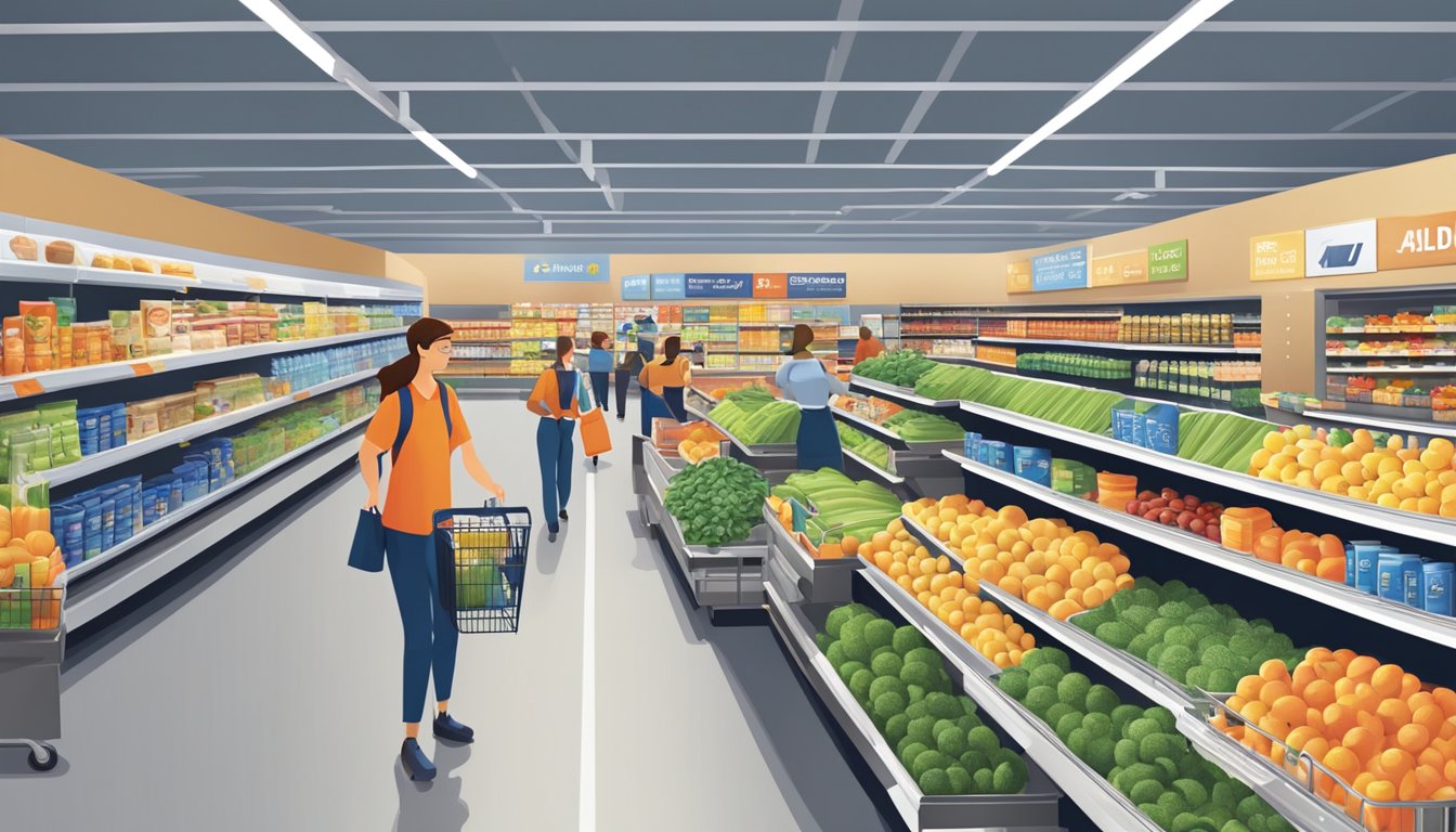 A bustling Aldi store with bright, organized aisles, friendly staff assisting customers, and a diverse selection of high-quality, affordable products