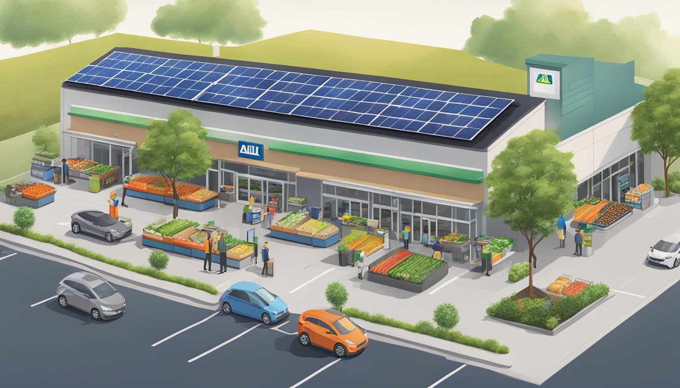 Aldi grocery store with solar panels, recycling bins, and local produce. Customers using reusable bags and electric car charging stations